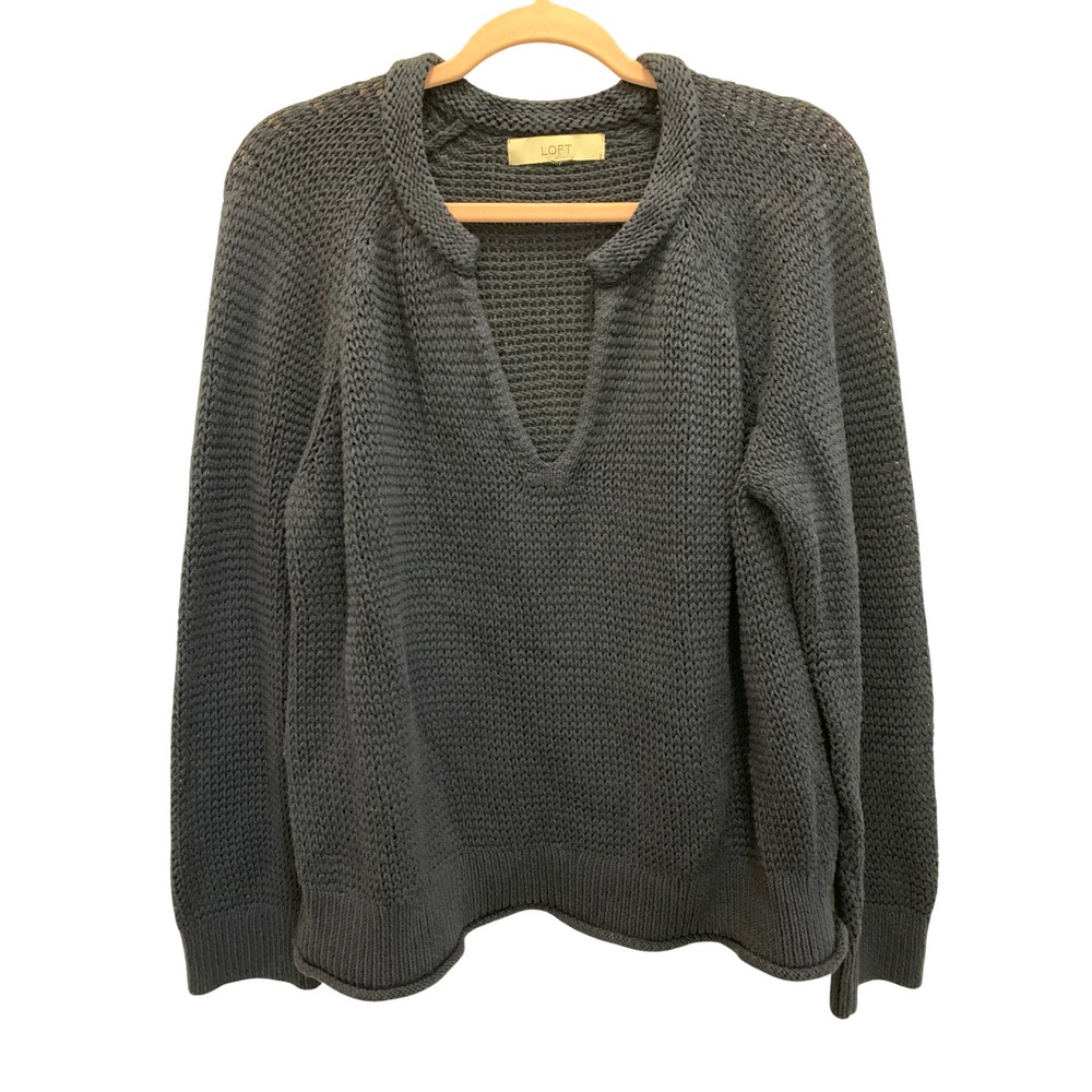 LOFT Womens Navy Open Knit Split Neck Sweater Cotton Blend Pullover‎ SP24